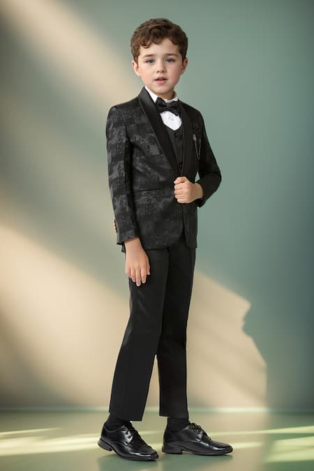 Shop_Petite Pomme_Black Polyester, Jacquard Bloom Woven Blazer Trouser Set 