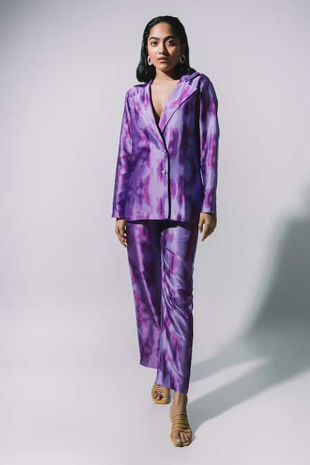 Raffine Ikat Abstract Purple Blazer & Pant Set 