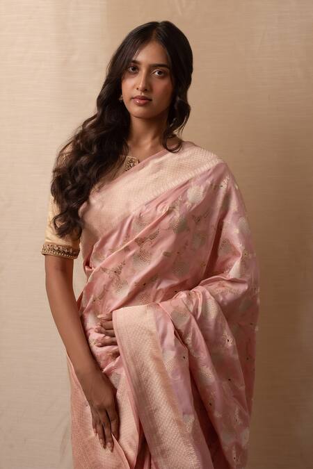 Shop_Priyanka Raajiv_Pink Silk Embroidery Gyasar Banarasi Kadua Saree_Online_at_Aza_Fashions