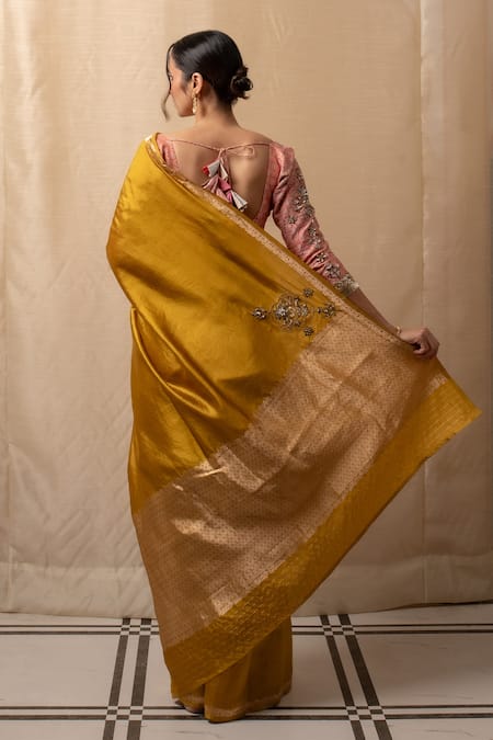 Shop Priyanka Raajiv Yellow Silk Crystals, Zari Kanchan Zardozi Embroidered Saree at Aza Fashions Shop_Priyanka Raajiv_Yellow Silk Crystals, Zari Kanchan Zardozi Embroidered Saree _at_Aza_Fashions