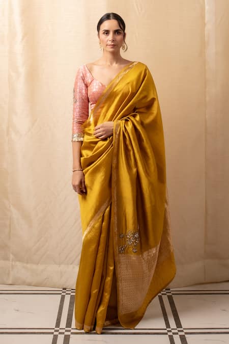 Priyanka Raajiv Yellow Silk Crystals, Zari Kanchan Zardozi Embroidered Saree Online at Aza Fashions Priyanka Raajiv_Yellow Silk Crystals, Zari Kanchan Zardozi Embroidered Saree _Online_at_Aza_Fashions