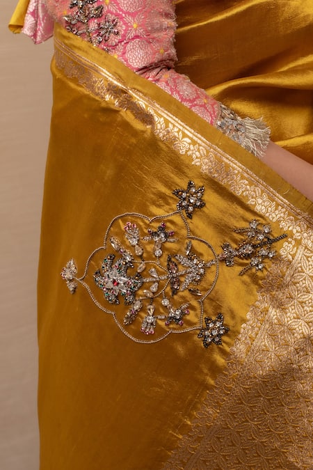 Buy Priyanka Raajiv Yellow Silk Crystals, Zari Kanchan Zardozi Embroidered Saree Buy_Priyanka Raajiv_Yellow Silk Crystals, Zari Kanchan Zardozi Embroidered Saree