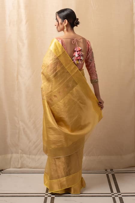 Shop_Priyanka Raajiv_Gold Silk, Chanderi Embroidery Stripe Geometric Saree _at_Aza_Fashions