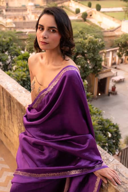 Buy_Priyanka Raajiv_Purple Silk, Brocade Zari, Crystals Zardozi Motif Pallu Saree _Online_at_Aza_Fashions