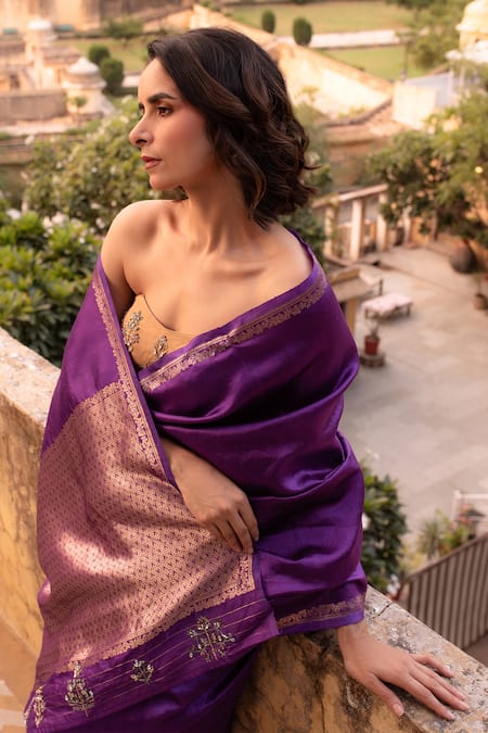 Shop_Priyanka Raajiv_Purple Silk, Brocade Zari, Crystals Zardozi Motif Pallu Saree _Online_at_Aza_Fashions