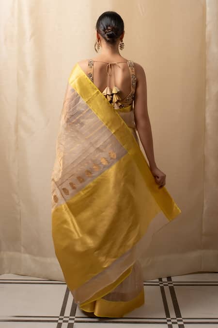 Priyanka Raajiv Beige Silk, Chanderi Striped Saree With Blouse Online at Aza Fashions Priyanka Raajiv_Beige Silk, Chanderi Striped Saree With Blouse _Online_at_Aza_Fashions