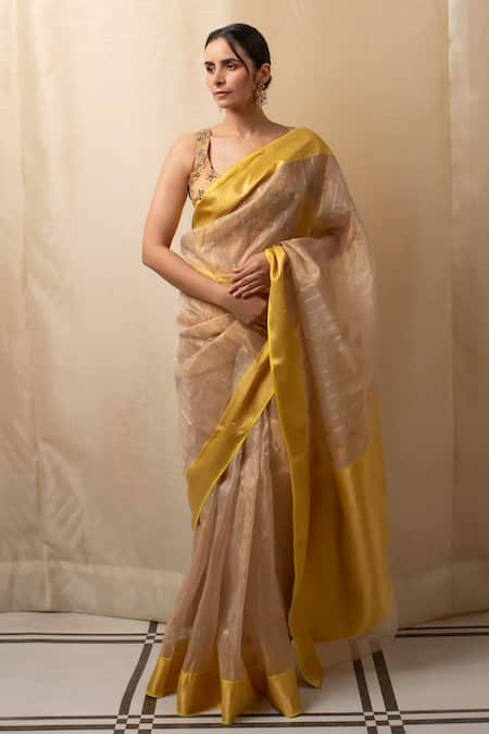 Buy Priyanka Raajiv Beige Silk, Chanderi Striped Saree With Blouse Online at Aza Fashions Buy_Priyanka Raajiv_Beige Silk, Chanderi Striped Saree With Blouse _Online_at_Aza_Fashions