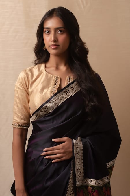 Priyanka Raajiv Purple Silk Embroidery, Zari Round Neck Deep Violet Banarasi Saree Online at Aza Fashions Priyanka Raajiv_Purple Silk Embroidery, Zari Round Neck Deep Violet Banarasi Saree _Online_at_Aza_Fashions