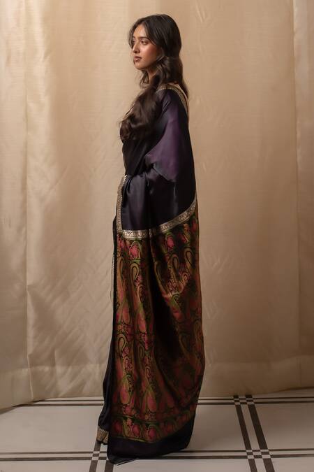 Priyanka Raajiv Purple Silk Embroidery, Zari Round Neck Deep Violet Banarasi Saree at Aza Fashions Priyanka Raajiv_Purple Silk Embroidery, Zari Round Neck Deep Violet Banarasi Saree _at_Aza_Fashions