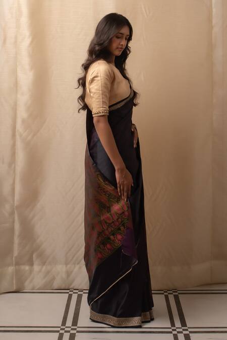 Buy Priyanka Raajiv Purple Silk Embroidery, Zari Round Neck Deep Violet Banarasi Saree Buy_Priyanka Raajiv_Purple Silk Embroidery, Zari Round Neck Deep Violet Banarasi Saree