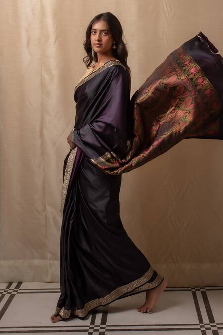 Shop Priyanka Raajiv Purple Silk Embroidery, Zari Round Neck Deep Violet Banarasi Saree Shop_Priyanka Raajiv_Purple Silk Embroidery, Zari Round Neck Deep Violet Banarasi Saree