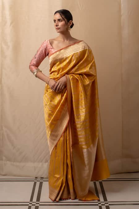 Priyanka Raajiv Yellow Silk Embroidery Meenakari Kadua Saree With Blouse Online at Aza Fashions Priyanka Raajiv_Yellow Silk Embroidery Meenakari Kadua Saree With Blouse _Online_at_Aza_Fashions