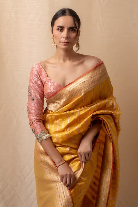 Shop Priyanka Raajiv Yellow Silk Embroidery Meenakari Kadua Saree With Blouse Online at Aza Fashions Shop_Priyanka Raajiv_Yellow Silk Embroidery Meenakari Kadua Saree With Blouse _Online_at_Aza_Fashions
