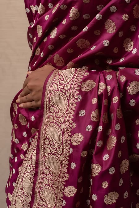 Buy_Priyanka Raajiv_Magenta Silk Embroidery Paisley Butti Banarasi Saree _Online_at_Aza_Fashions