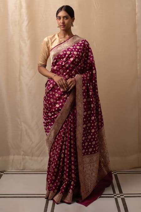 Shop_Priyanka Raajiv_Magenta Silk Embroidery Paisley Butti Banarasi Saree _Online_at_Aza_Fashions