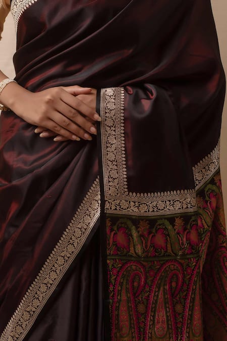 Shop Priyanka Raajiv Wine Silk, Brocade Embroidery Round Neck Paisley Tanchoi Banarasi Saree Online at Aza Fashions Shop_Priyanka Raajiv_Wine Silk, Brocade Embroidery Round Neck Paisley Tanchoi Banarasi Saree _Online_at_Aza_Fashions