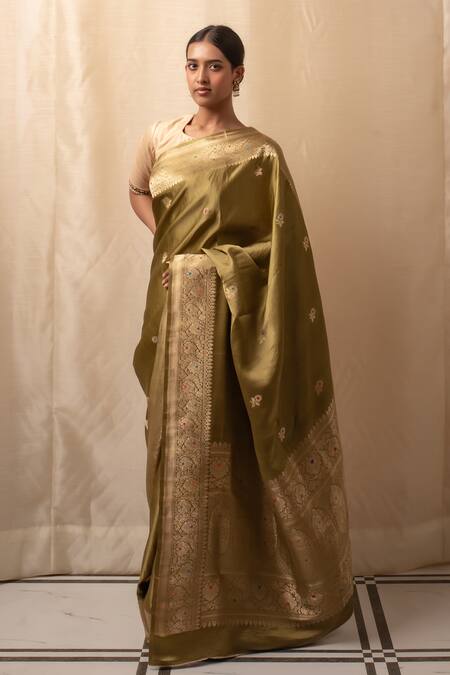 Priyanka Raajiv Green Silk Embroidery Heera Floral Meenakari Butti Saree Online at Aza Fashions Priyanka Raajiv_Green Silk Embroidery Heera Floral Meenakari Butti Saree _Online_at_Aza_Fashions