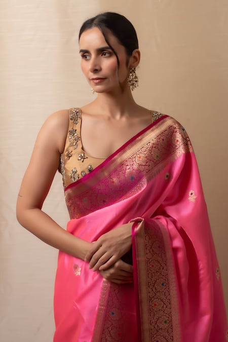 Buy Priyanka Raajiv Pink Silk Zari Floral Meenakari Butti Banarasi Saree Online at Aza Fashions Buy_Priyanka Raajiv_Pink Silk Zari Floral Meenakari Butti Banarasi Saree _Online_at_Aza_Fashions