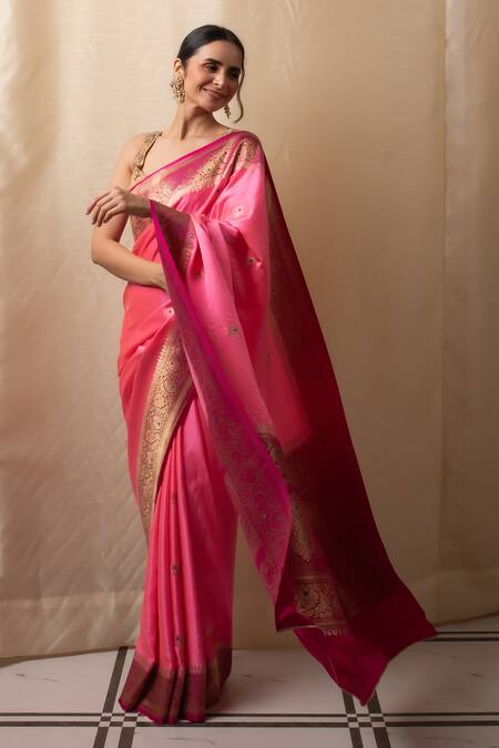 Buy Priyanka Raajiv Pink Silk Zari Floral Meenakari Butti Banarasi Saree Buy_Priyanka Raajiv_Pink Silk Zari Floral Meenakari Butti Banarasi Saree
