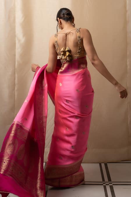 Shop Priyanka Raajiv Pink Silk Zari Floral Meenakari Butti Banarasi Saree Shop_Priyanka Raajiv_Pink Silk Zari Floral Meenakari Butti Banarasi Saree