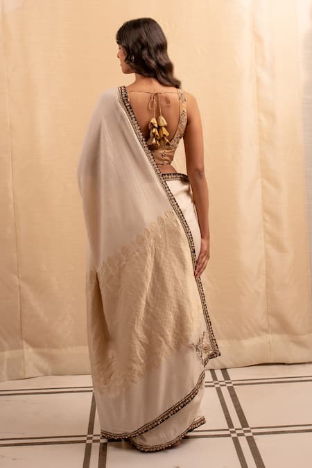 Shop Priyanka Raajiv Ivory Silk Crystals, Zari Zardozi Hand Embroidered Saree at Aza Fashions Shop_Priyanka Raajiv_Ivory Silk Crystals, Zari Zardozi Hand Embroidered Saree _at_Aza_Fashions