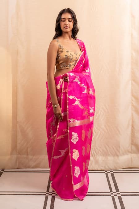 Shop_Priyanka Raajiv_Pink Silk Embroidery Floral Jaal Banarasi Saree _Online_at_Aza_Fashions