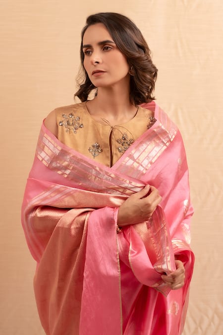 Priyanka Raajiv Pink Silk Embroidery Floral Butta Banarasi Saree Online at Aza Fashions Priyanka Raajiv_Pink Silk Embroidery Floral Butta Banarasi Saree _Online_at_Aza_Fashions
