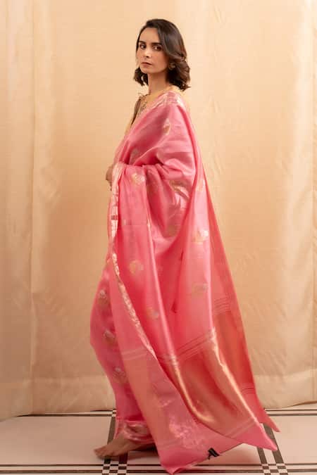 Priyanka Raajiv Pink Silk Embroidery Floral Butta Banarasi Saree at Aza Fashions Priyanka Raajiv_Pink Silk Embroidery Floral Butta Banarasi Saree _at_Aza_Fashions