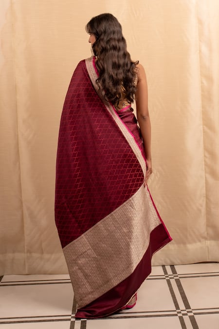 Shop Priyanka Raajiv Burgundy Silk Embroidery Mughal Jaali Banarasi Saree at Aza Fashions Shop_Priyanka Raajiv_Burgundy Silk Embroidery Mughal Jaali Banarasi Saree _at_Aza_Fashions