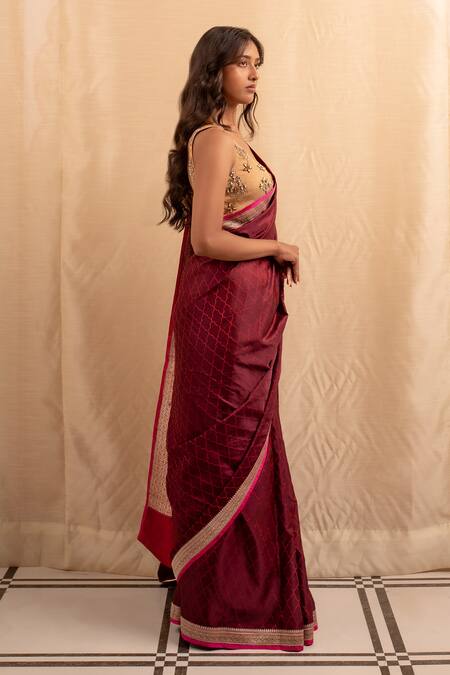 Buy Priyanka Raajiv Burgundy Silk Embroidery Mughal Jaali Banarasi Saree Online at Aza Fashions Buy_Priyanka Raajiv_Burgundy Silk Embroidery Mughal Jaali Banarasi Saree _Online_at_Aza_Fashions