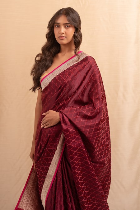 Shop Priyanka Raajiv Burgundy Silk Embroidery Mughal Jaali Banarasi Saree Online at Aza Fashions Shop_Priyanka Raajiv_Burgundy Silk Embroidery Mughal Jaali Banarasi Saree _Online_at_Aza_Fashions