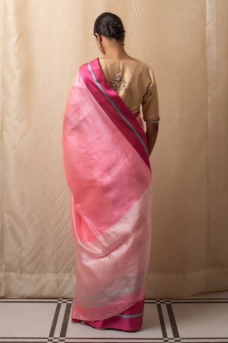 Shop_Priyanka Raajiv_Pink Silk, Chanderi Saree With Running Blouse _at_Aza_Fashions