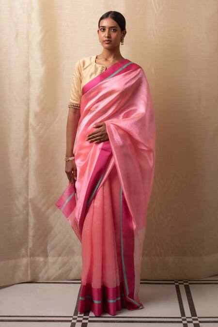 Priyanka Raajiv_Pink Silk, Chanderi Saree With Running Blouse _Online_at_Aza_Fashions
