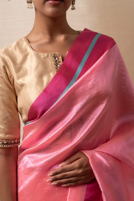 Shop_Priyanka Raajiv_Pink Silk, Chanderi Saree With Running Blouse _Online_at_Aza_Fashions