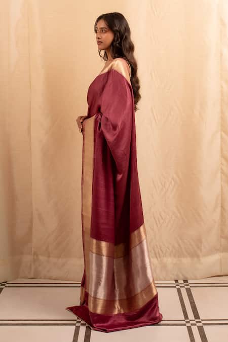 Shop Priyanka Raajiv Wine Silk Zari Banarasi Saree With Running Blouse at Aza Fashions Shop_Priyanka Raajiv_Wine Silk Zari Banarasi Saree With Running Blouse _at_Aza_Fashions