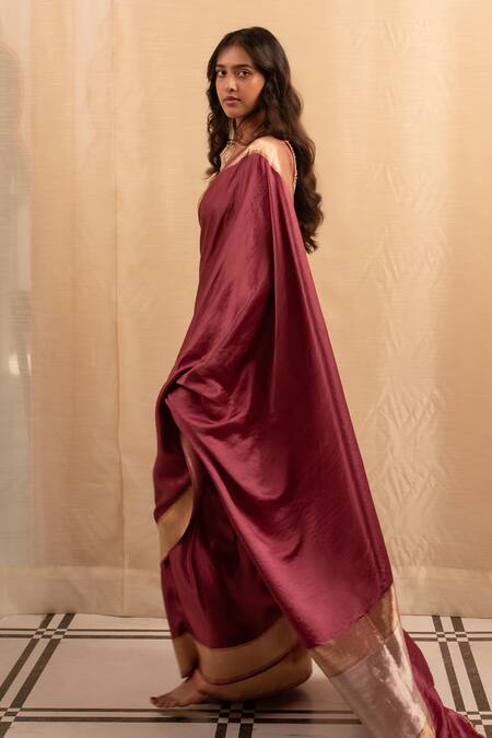 Priyanka Raajiv Wine Silk Zari Banarasi Saree With Running Blouse Online at Aza Fashions Priyanka Raajiv_Wine Silk Zari Banarasi Saree With Running Blouse _Online_at_Aza_Fashions
