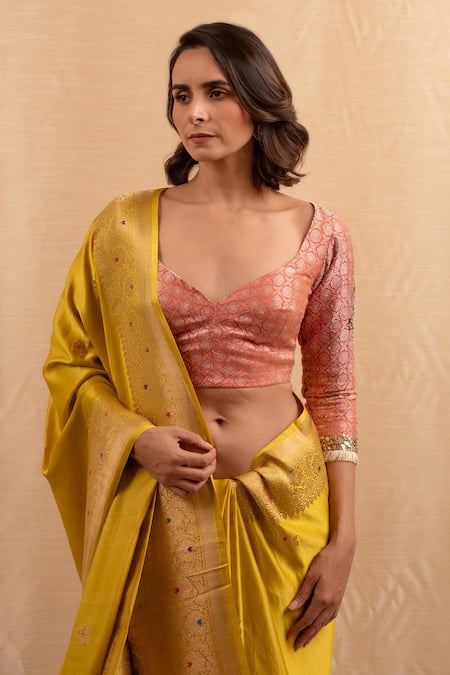 Priyanka Raajiv Yellow Silk Embroidery Heera Meenakari Woven Saree Online at Aza Fashions Priyanka Raajiv_Yellow Silk Embroidery Heera Meenakari Woven Saree _Online_at_Aza_Fashions