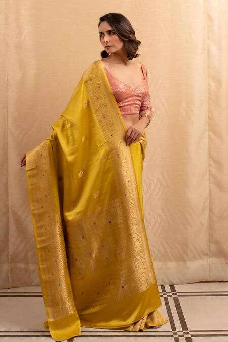Shop Priyanka Raajiv Yellow Silk Embroidery Heera Meenakari Woven Saree Shop_Priyanka Raajiv_Yellow Silk Embroidery Heera Meenakari Woven Saree