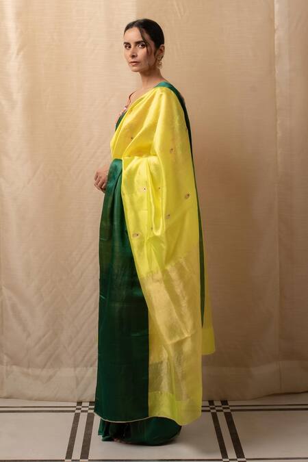 Priyanka Raajiv_Yellow Chanderi , Embroidery Mohi Woven Floral Saree _Online_at_Aza_Fashions
