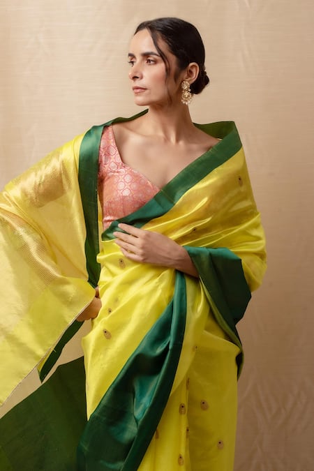 Buy_Priyanka Raajiv_Yellow Chanderi , Embroidery Mohi Woven Floral Saree _Online_at_Aza_Fashions