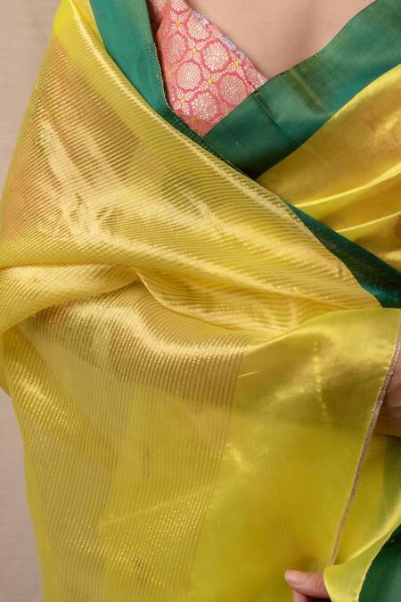 Shop_Priyanka Raajiv_Yellow Chanderi , Embroidery Mohi Woven Floral Saree _Online_at_Aza_Fashions