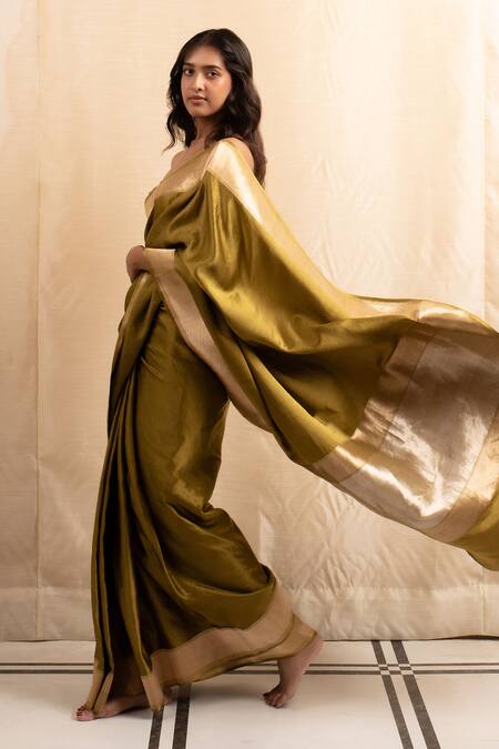 Priyanka Raajiv_Green Silk, Brocade Mehendi Banarasi Saree With Running Blouse _Online_at_Aza_Fashions