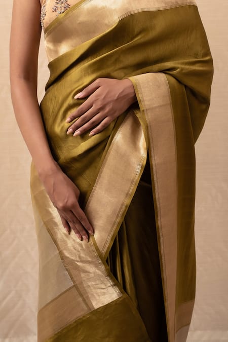 Shop_Priyanka Raajiv_Green Silk, Brocade Mehendi Banarasi Saree With Running Blouse _Online_at_Aza_Fashions