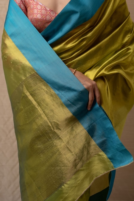 Shop_Priyanka Raajiv_Green Silk, Chanderi Tea Saree With Blouse _Online_at_Aza_Fashions