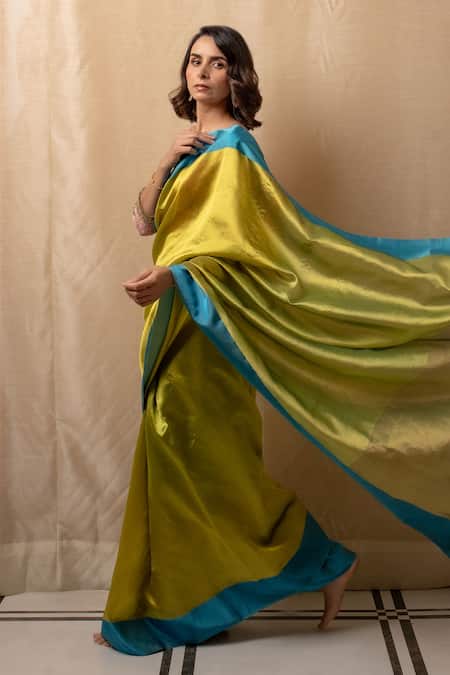 Shop_Priyanka Raajiv_Green Silk, Chanderi Tea Saree With Blouse 