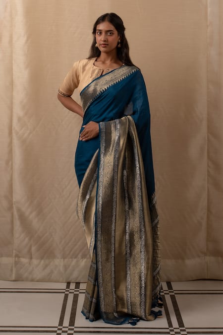 Priyanka Raajiv Blue Silk Tassels Teal Geometric Woven Saree Online at Aza Fashions Priyanka Raajiv_Blue Silk Tassels Teal Geometric Woven Saree _Online_at_Aza_Fashions