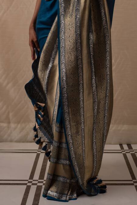 Priyanka Raajiv Blue Silk Tassels Teal Geometric Woven Saree at Aza Fashions Priyanka Raajiv_Blue Silk Tassels Teal Geometric Woven Saree _at_Aza_Fashions