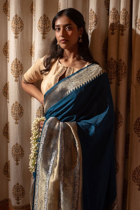 Buy Priyanka Raajiv Blue Silk Tassels Teal Geometric Woven Saree Buy_Priyanka Raajiv_Blue Silk Tassels Teal Geometric Woven Saree