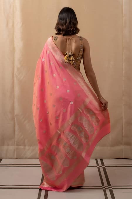 Shop Priyanka Raajiv Pink Silk, Brocade Embroidery Floral Woven Banarasi Saree at Aza Fashions Shop_Priyanka Raajiv_Pink Silk, Brocade Embroidery Floral Woven Banarasi Saree _at_Aza_Fashions
