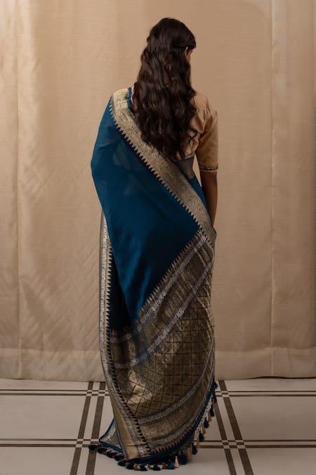 Priyanka Raajiv Teal Blue Geometric Woven Saree 